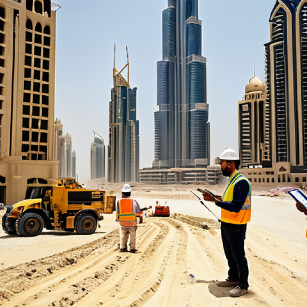 ** "A bustling construction site in Dubai, featuring surveyors using advanced GPS equipment to map out the land for a new skyscraper. Show the mix of traditional attire and modern technology, highlighting the international workforce."

**