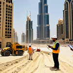 ** "A bustling construction site in Dubai, featuring surveyors using advanced GPS equipment to map out the land for a new skyscraper. Show the mix of traditional attire and modern technology, highlighting the international workforce."

**