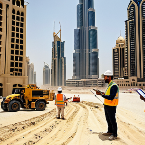Home 4 ** "A bustling construction site in Dubai, featuring surveyors using advanced GPS equipment to map out the land for a new skyscraper. Show the mix of traditional attire and modern technology, highlighting the international workforce."
**