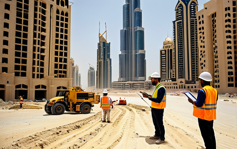 ** "A bustling construction site in Dubai, featuring surveyors using advanced GPS equipment to map out the land for a new skyscraper. Show the mix of traditional attire and modern technology, highlighting the international workforce."
**