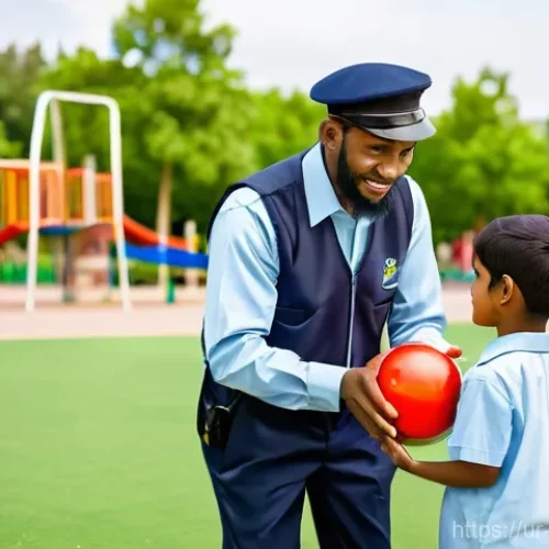 Home 14 경비지도사 실무 중 발생한 민원 사례 - **Prompt 1: Community Engagement Security Guard with Children**
A friendly male security guard, ...