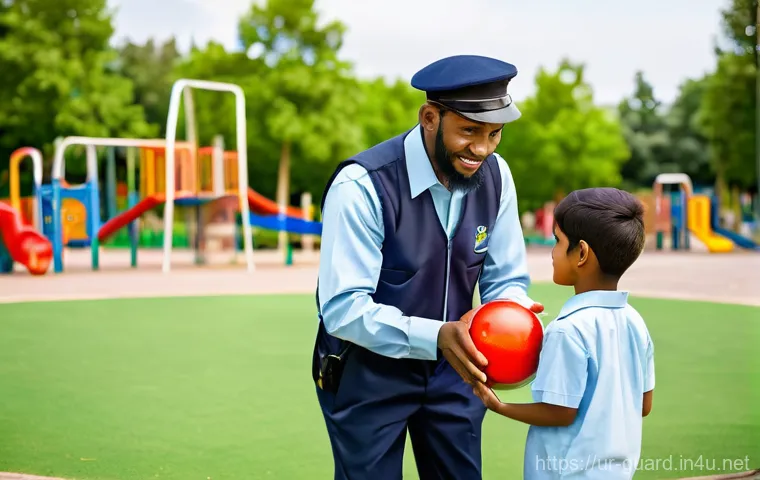 경비지도사 실무 중 발생한 민원 사례 - **Prompt 1: Community Engagement Security Guard with Children**
A friendly male security guard, ...